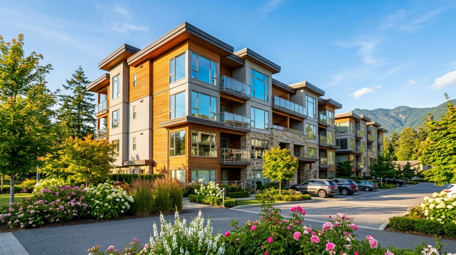 A bright, modern Fraser Valley condo building on a clear day, with flowering landscaping