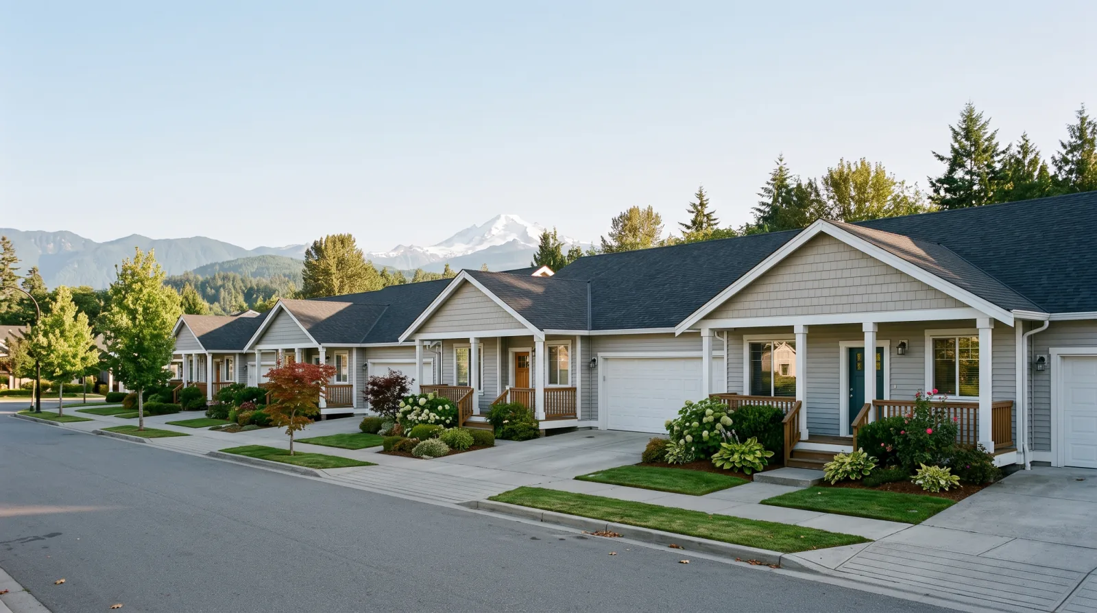 A row of single-level townhouses with covered front porches, garages and small front gardens, with a snow-capped mountain in the distance