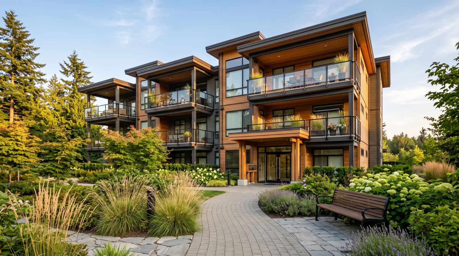 A three-storey wood-clad condo building with glass balconies, a level paved path to the entrance, garden beds and a bench