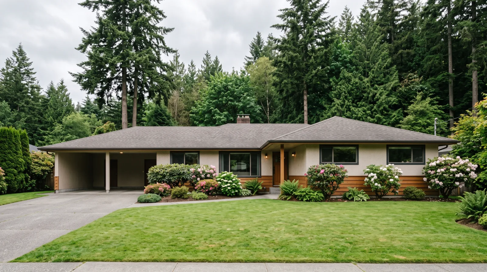 A single-storey rancher-style house with a carport, a wide lawn and rhododendron bushes, with tall fir trees behind it