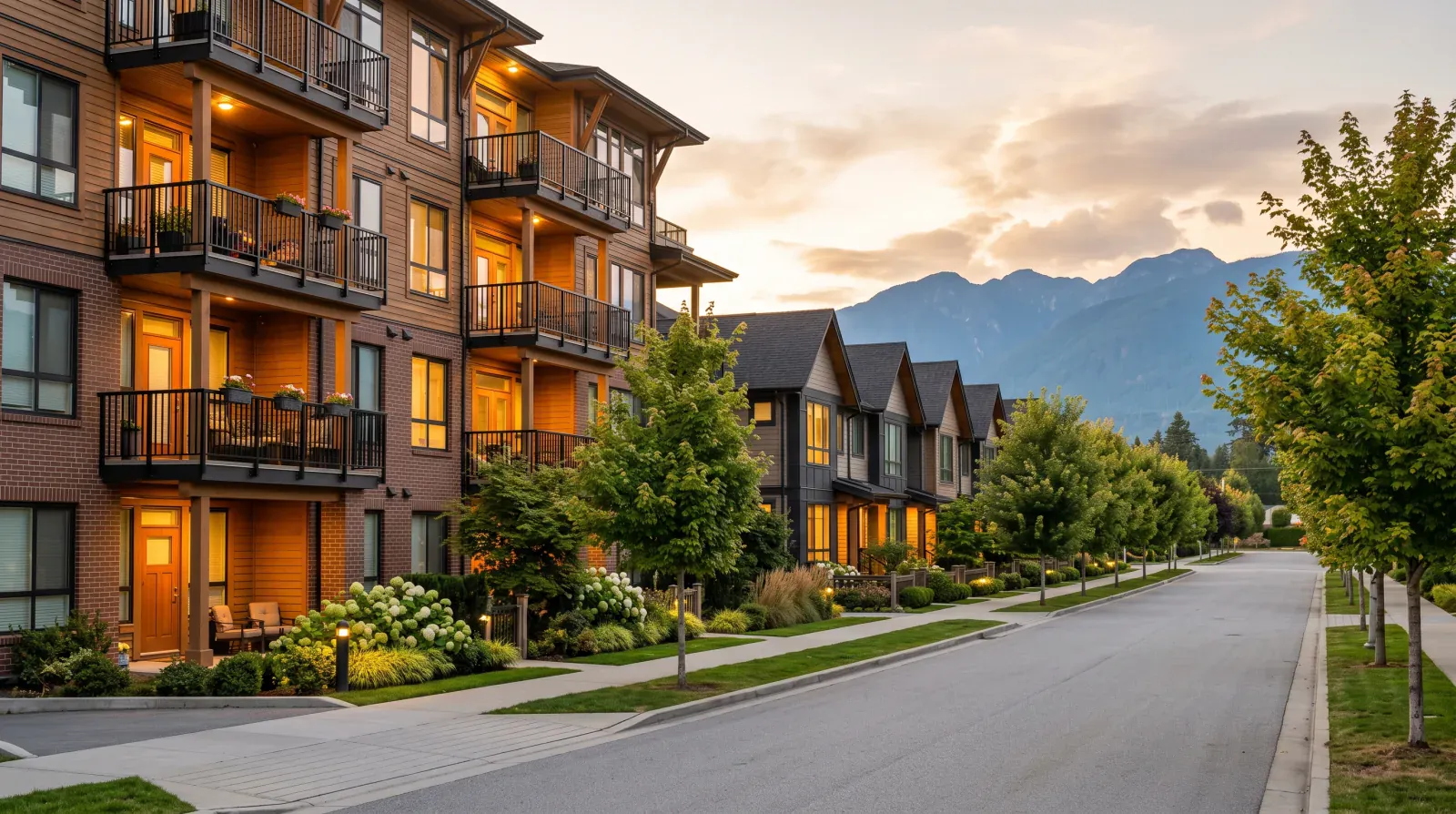 Wood-frame condos and townhomes on a tree-lined Fraser Valley street at dusk, the kind of homes first-time buyers can afford